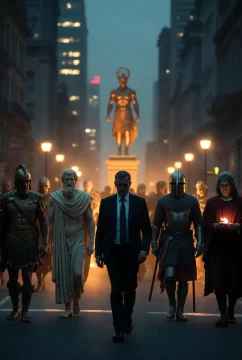 A businessman walks through the city, inspired by the great figures of history.