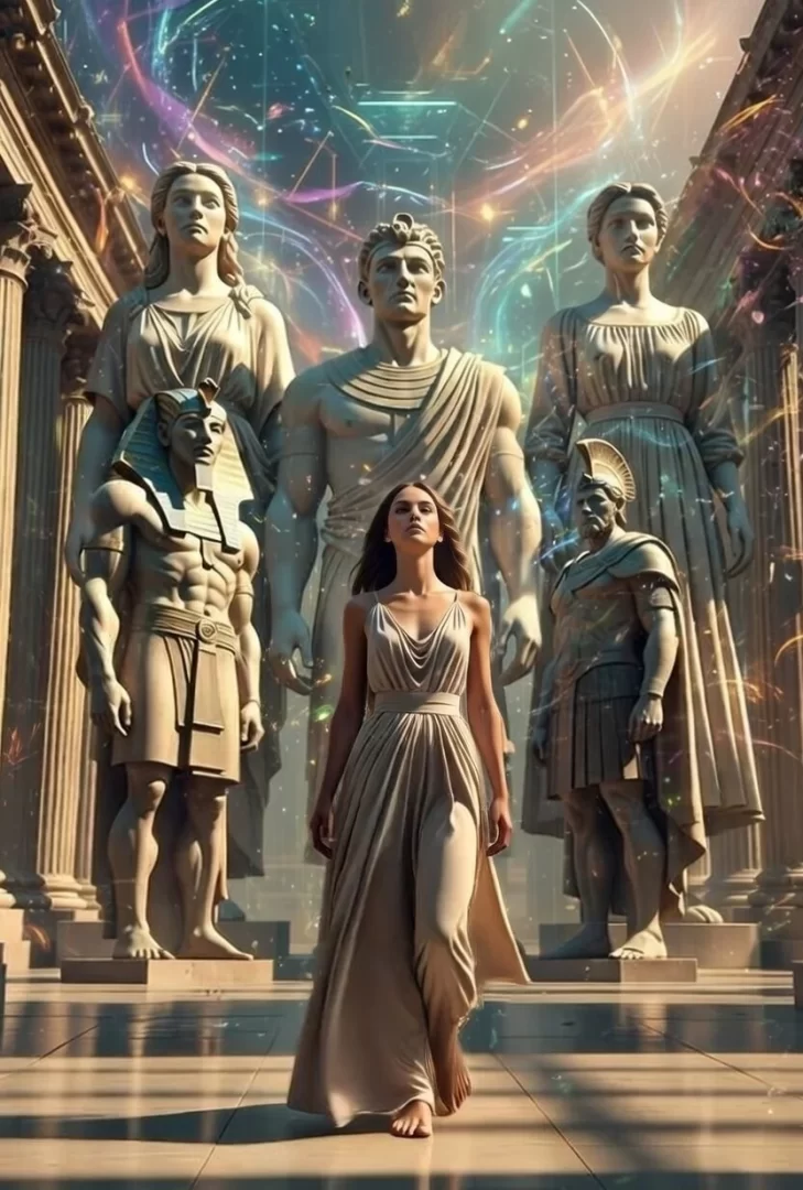 A young woman stands in an ancient-futuristic world, where statues of great historical figures stand powerfully behind her.