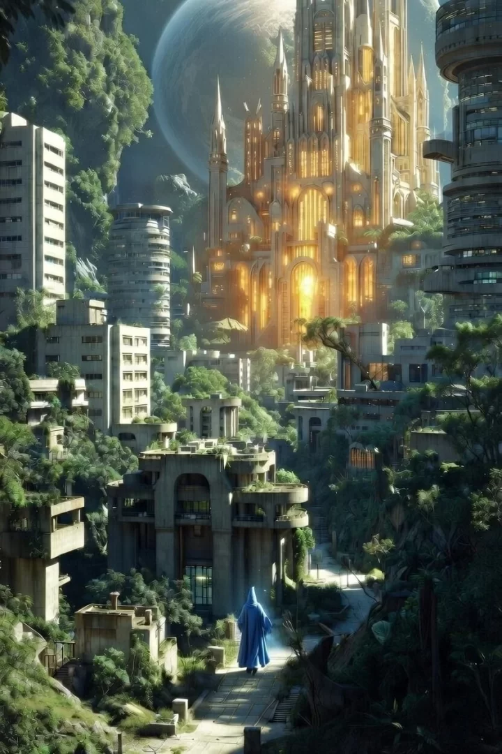 An ancient-futuristic cityscape with an epic castle overlooking decaying brutalist buildings, while a wizard in a blue robe walks along the road.