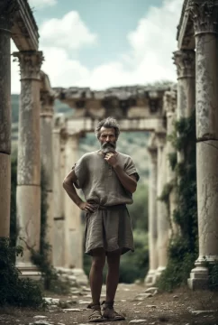 An ancient Stoic philosopher among the ruins of the world, contemplating his next move.