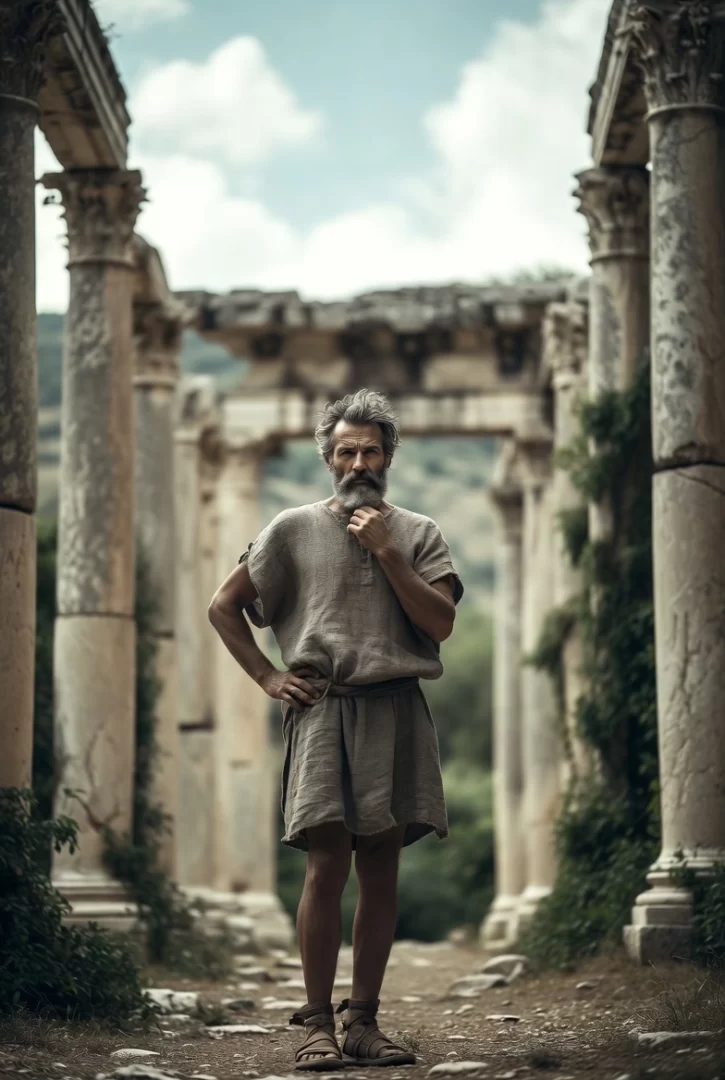 An ancient Stoic philosopher among the ruins of the world, contemplating his next move.