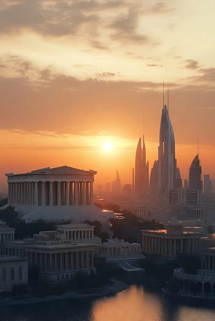 An ancient-futuristic Athenian city at sunrise.