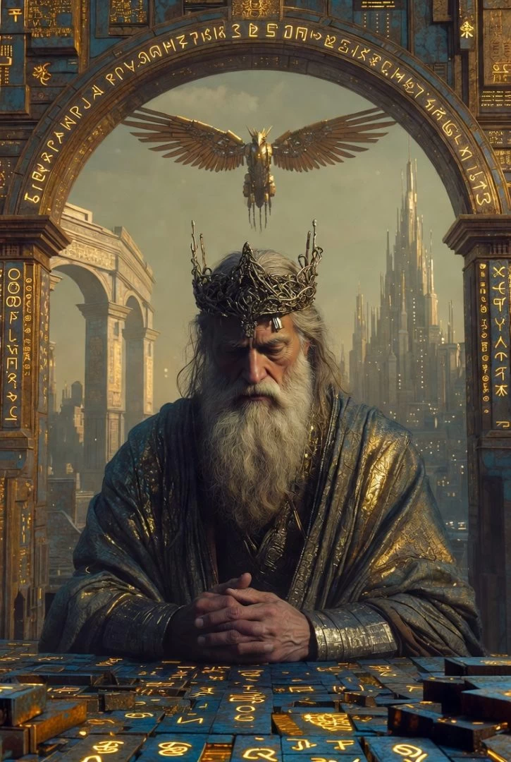A king ponders the symbols of the world on a table before him, while a robot eagle hovers above him in an ancient-futuristic city.