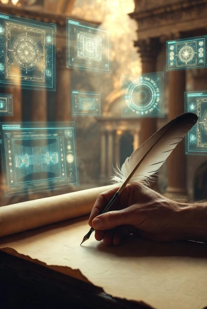 A person writes with a quill on parchment, guided by several holographic computer screens positioned around the parchment.
