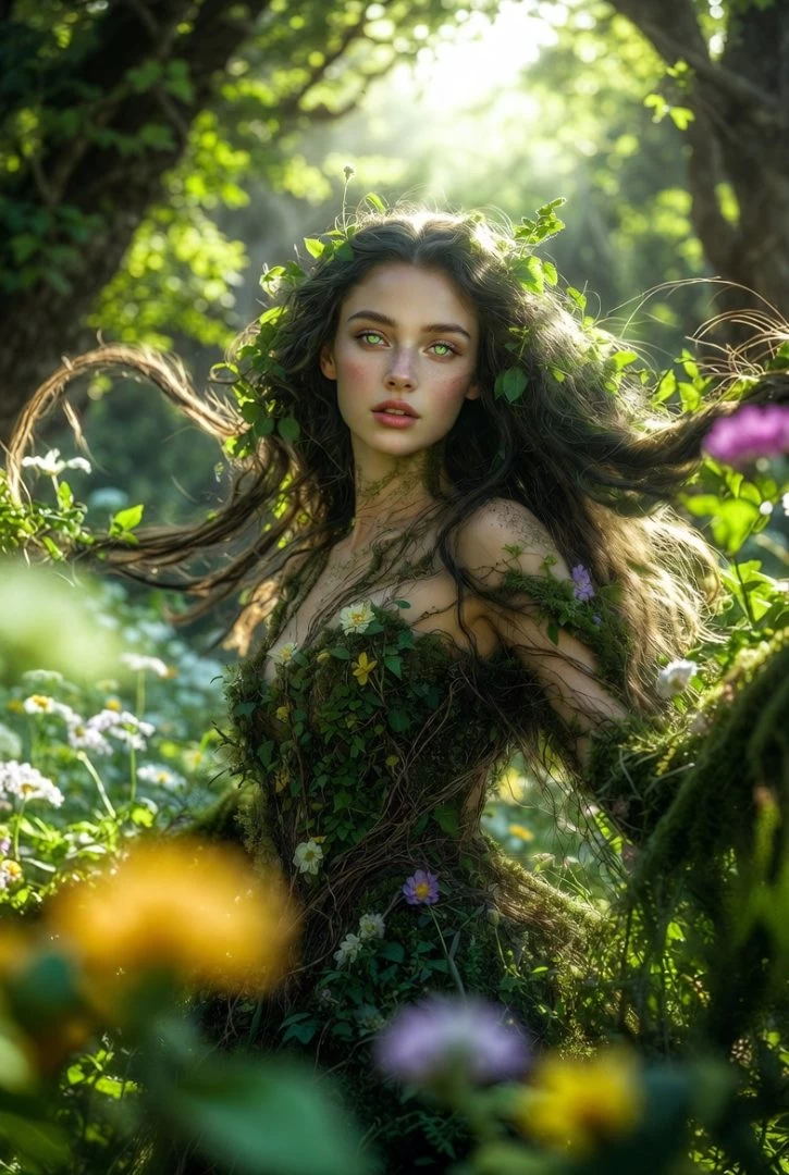 A green-eyed woman is surrounded by greenery and flowers,  representing the imagination of nature.