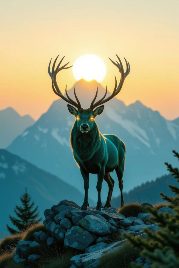 The sun stag gazes with eyes glowing as the sun rises from the mountain behind him.